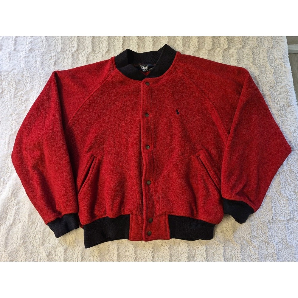Vintage 90s Polo Ralph Lauren Varsity Letterman Jacket Men's Medium Red Fleece